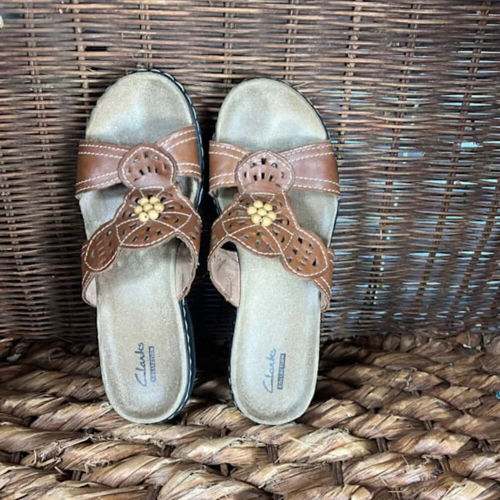 Clarks‎ Women's Brown Leather Open Toe Slides Sandals Size 7